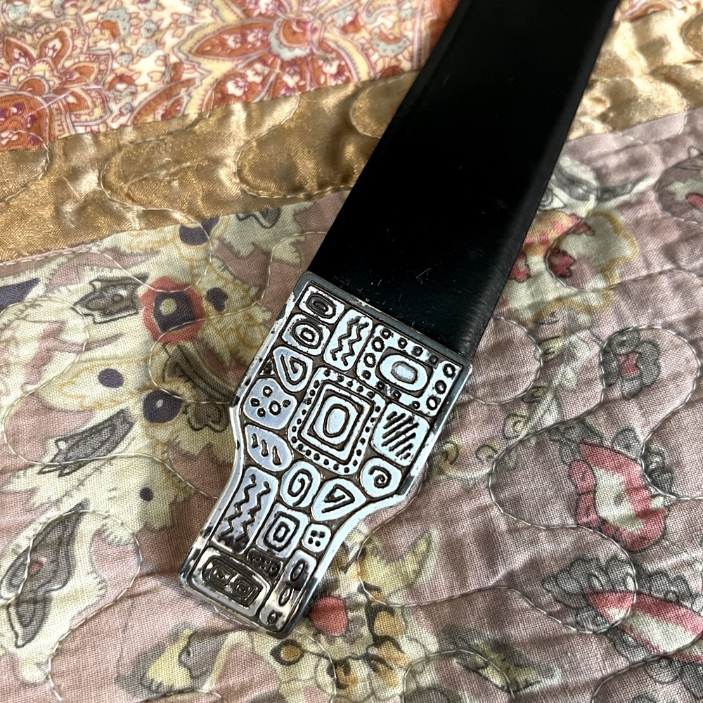 Chico’s black leather belt with cool buckle design 36”